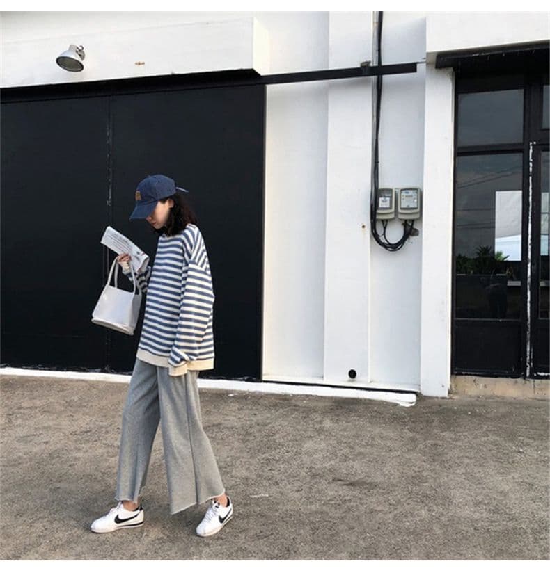 폴리 에스터 물고기 규모 얇은 스타일 가을 한국 스타일 스트라이프 긴팔 티셔츠 여성 셔츠 루즈핏 라운드 넥 후드티 여성 상세 이미지 9