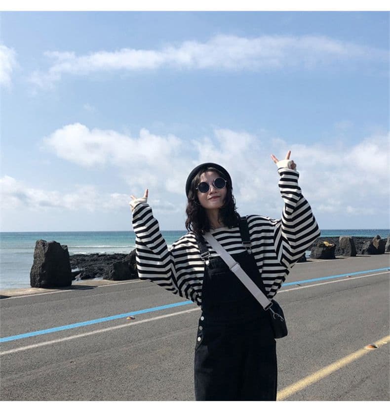 폴리 에스터 물고기 규모 얇은 스타일 가을 한국 스타일 스트라이프 긴팔 티셔츠 여성 셔츠 루즈핏 라운드 넥 후드티 여성 상세 이미지 12