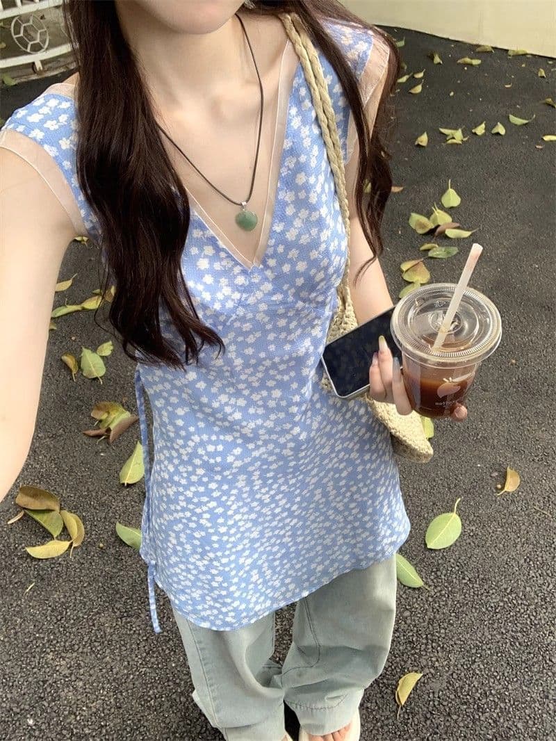 한 부서 파란색 신선함 꽃무늬 V넥 조끼 여성 드레스 여름 몸매 가꾸기 휴가 바람 민소매 허리 수축 짧은 치마 상세 이미지 6