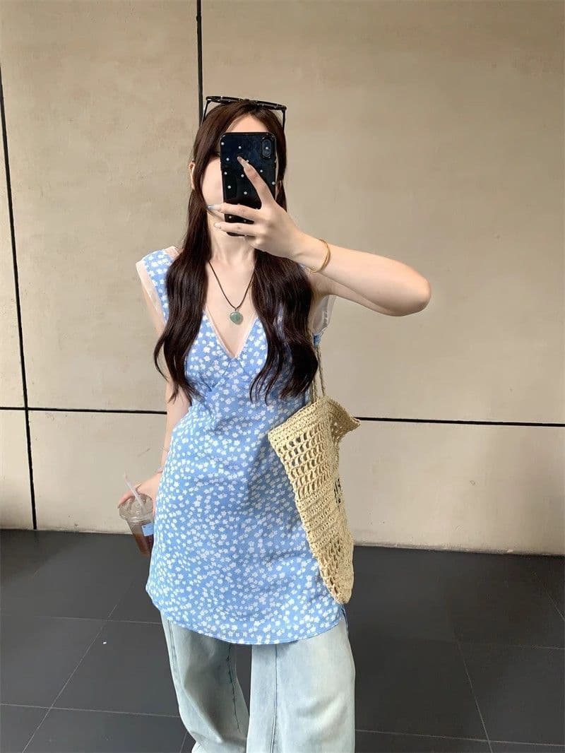 한 부서 파란색 신선함 꽃무늬 V넥 조끼 여성 드레스 여름 몸매 가꾸기 휴가 바람 민소매 허리 수축 짧은 치마 상세 이미지 14