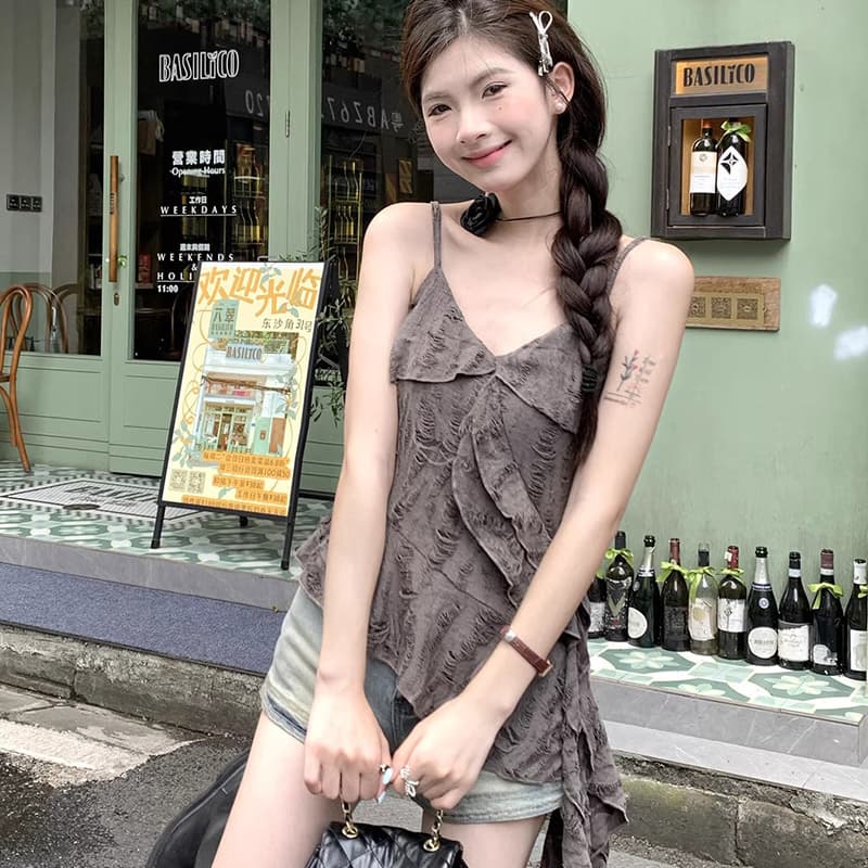 고유 한 Chic 마 오래된 수공 찢어진 캐미솔 프릴 패치워크 불규칙 맨위 이미지 4