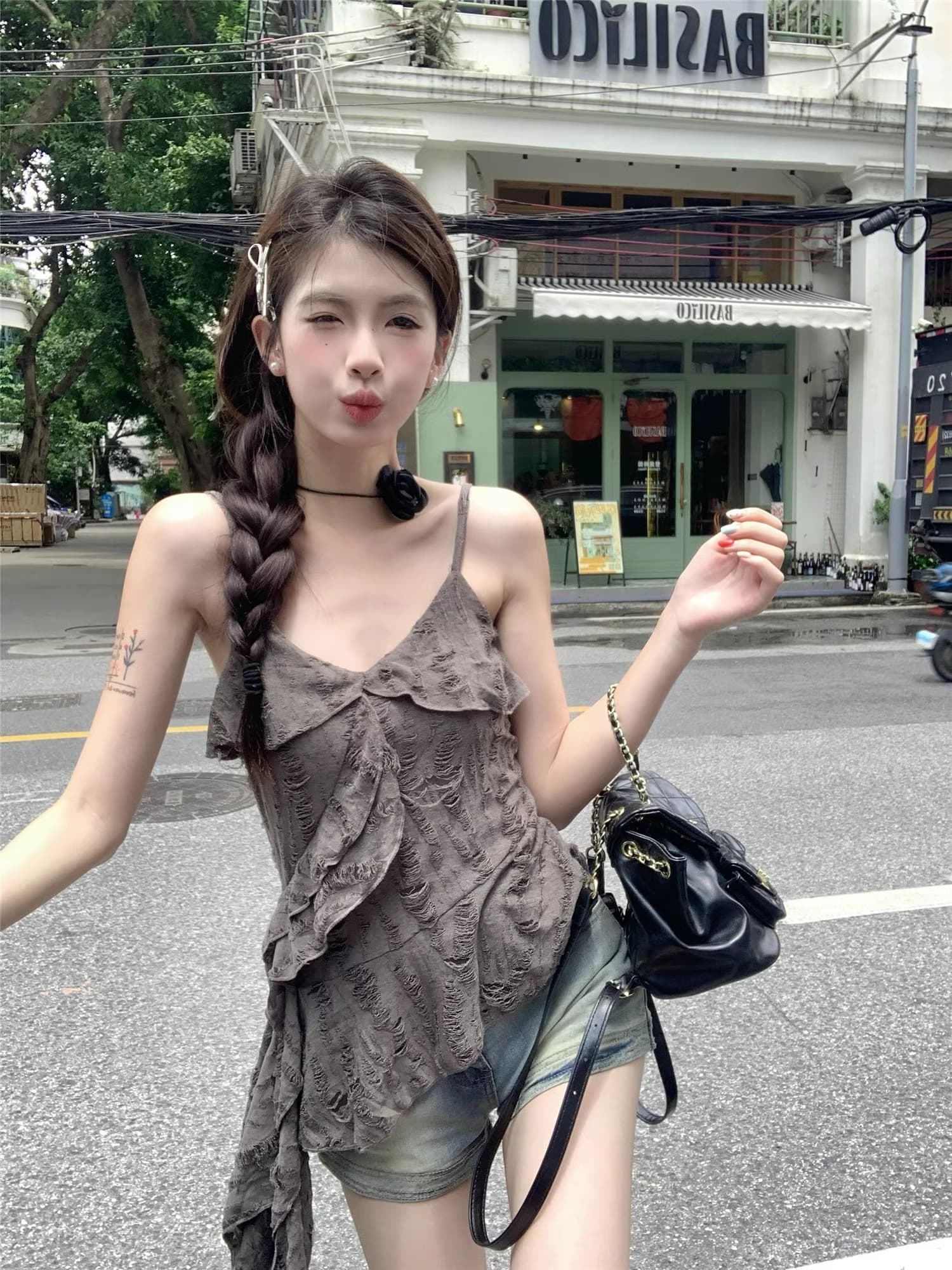 고유 한 Chic 마 오래된 수공 찢어진 캐미솔 프릴 패치워크 불규칙 맨위 상세 이미지 2