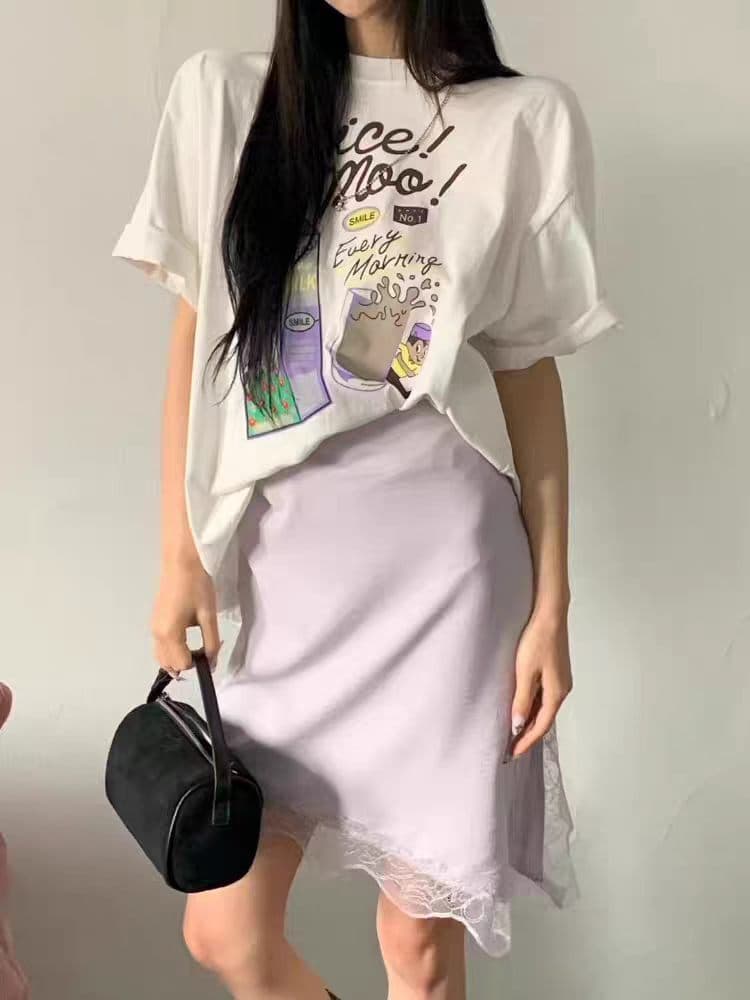 한국 동대문 한 부서 미니멀리즘 프린트 루즈핏 슬림해 보이는 라운드 넥 반팔 티셔츠 상세 이미지 3