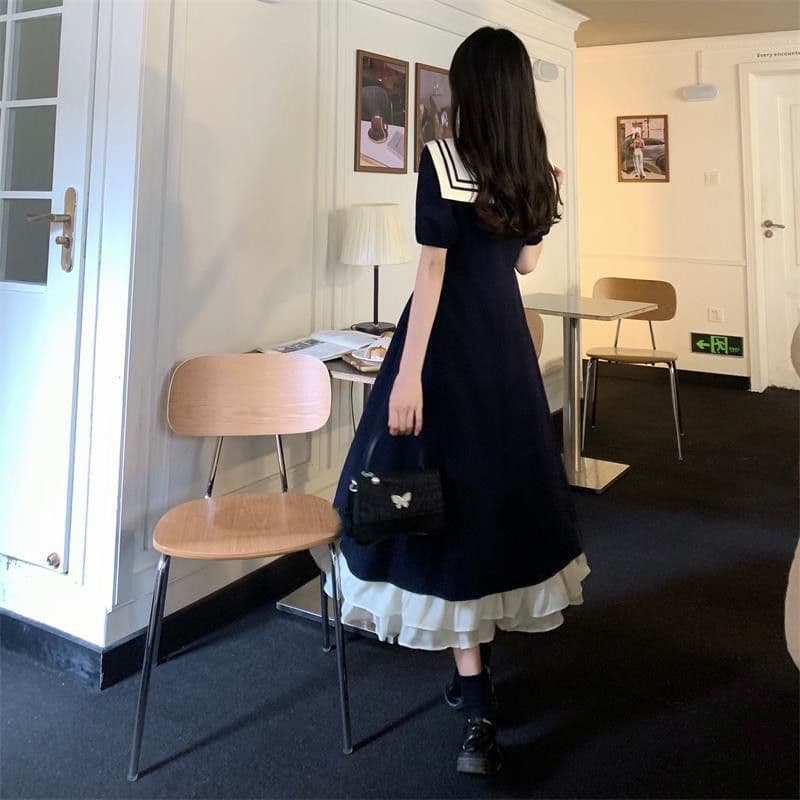 빅 사이즈 학원 스타일 자수 반팔 드레스 슬림해 보이는 표지 배 마이크로 지방 mm 여름 세일러복 허리 수축 한 마디 치마 이미지 3