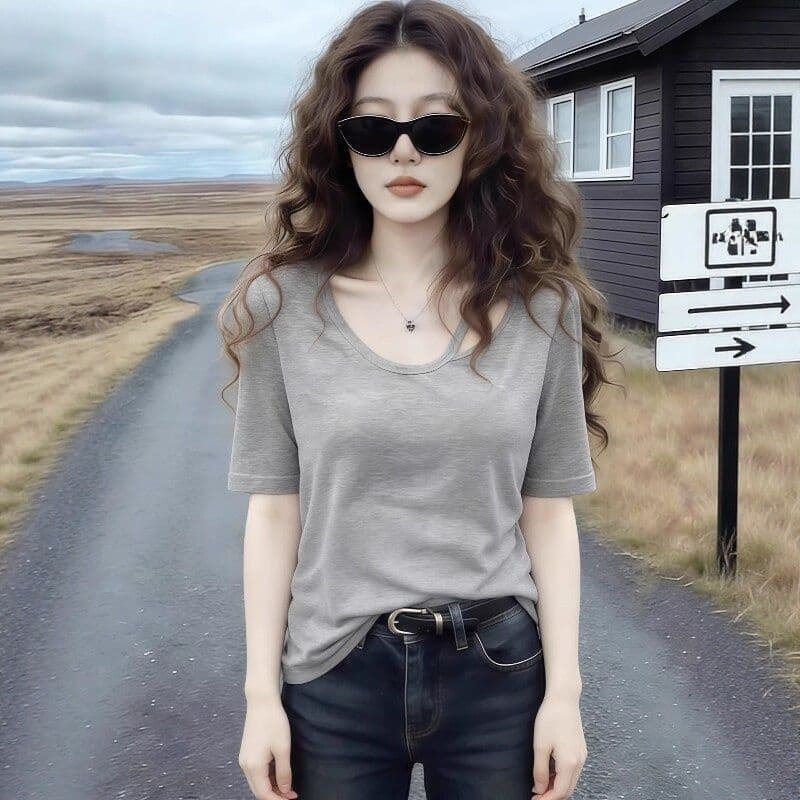 원본 품질 눈꽃 면 홀로우 아웃 회색 긍정적 인 어깨 반팔 티셔츠 여성 여름 새로운 빅 사이즈 맨위 여성 상세 이미지 4