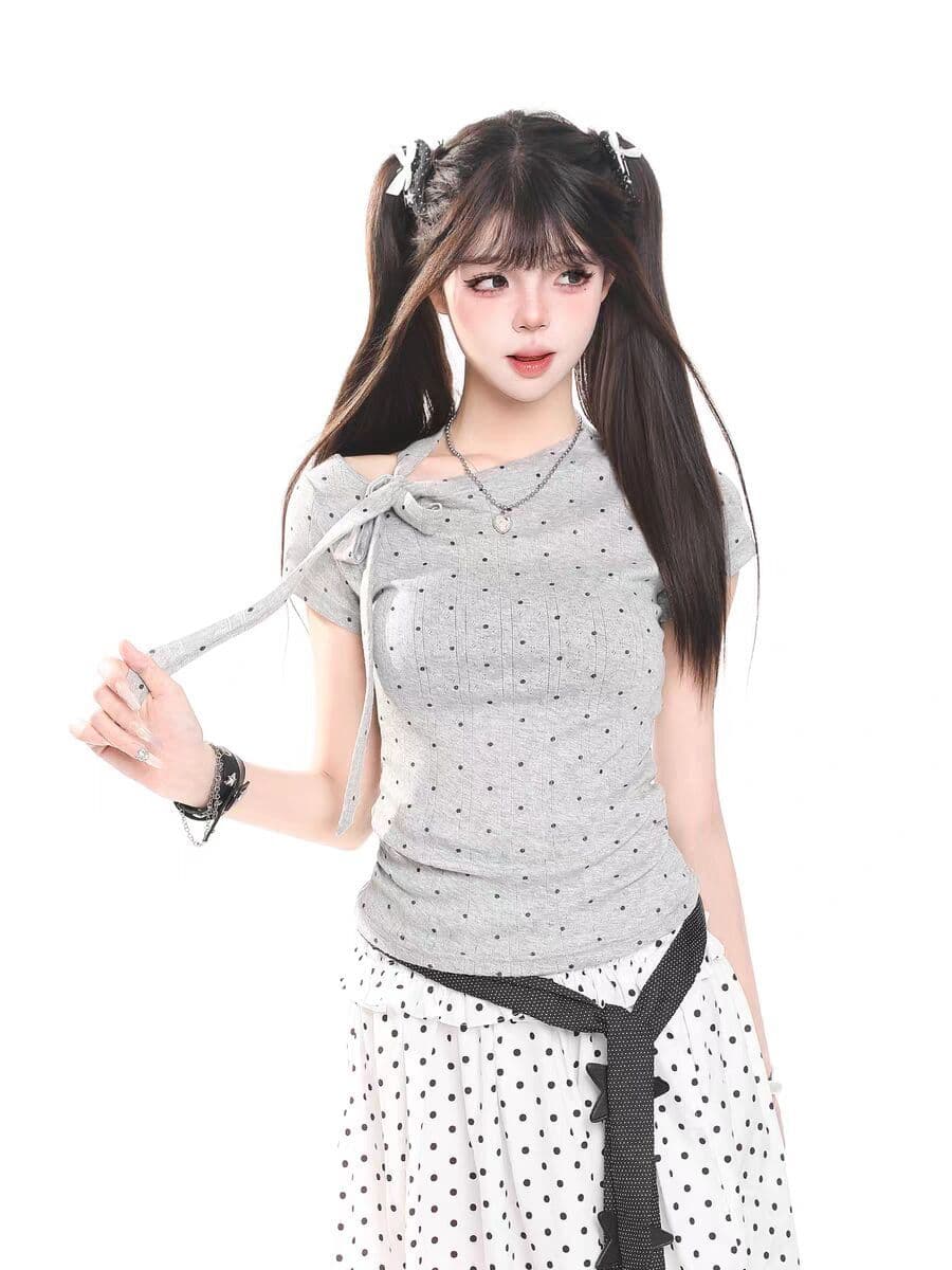 원본 원단 다이아몬드 모양 자카드 210 그램 한 부서 도트 무늬 나비 매듭 스트랩 반팔 티셔츠 여성 이미지 4