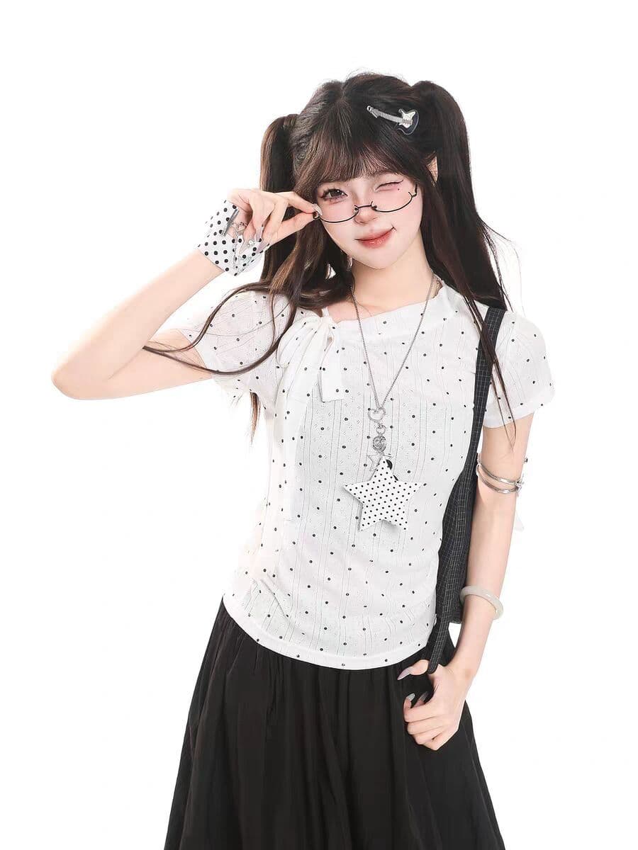 원본 원단 다이아몬드 모양 자카드 210 그램 한 부서 도트 무늬 나비 매듭 스트랩 반팔 티셔츠 여성 상세 이미지 2