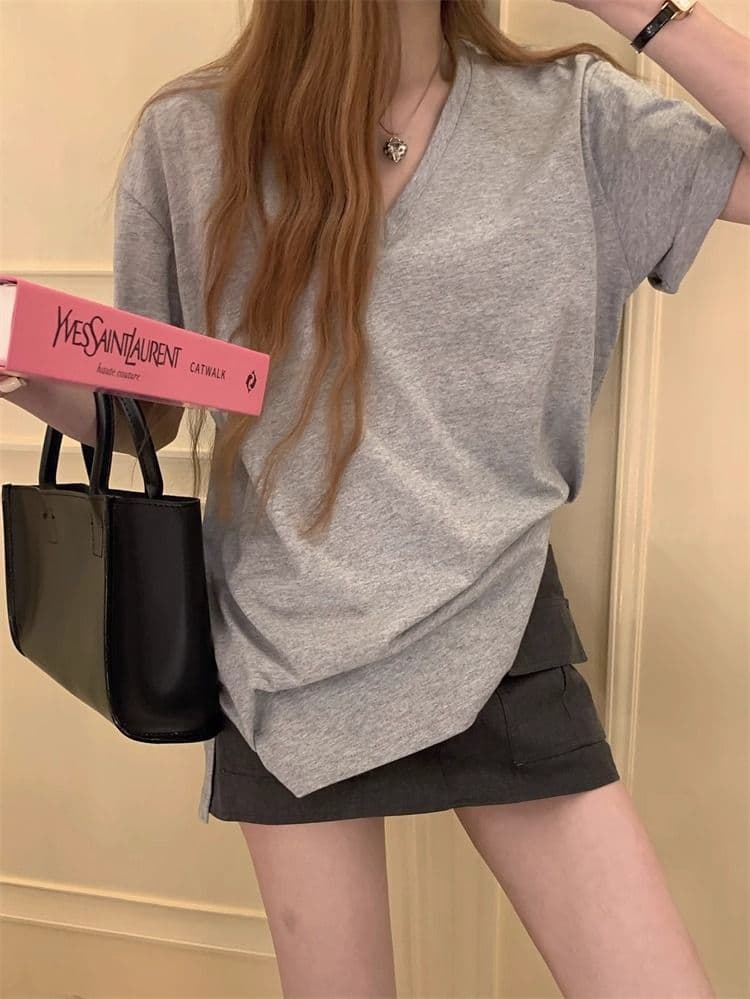 V넥 단색 티셔츠 여성용 짧은 소매 만나는 캐주얼 루즈핏 상세 이미지 14