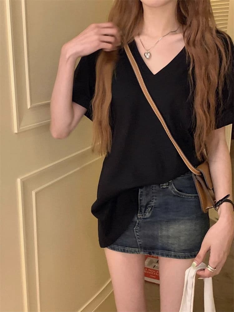 V넥 단색 티셔츠 여성용 짧은 소매 만나는 캐주얼 루즈핏 상세 이미지 19