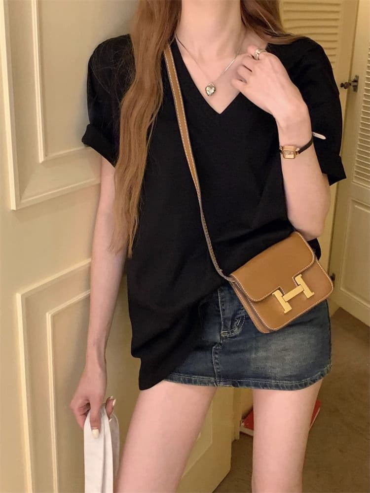 V넥 단색 티셔츠 여성용 짧은 소매 만나는 캐주얼 루즈핏 상세 이미지 21