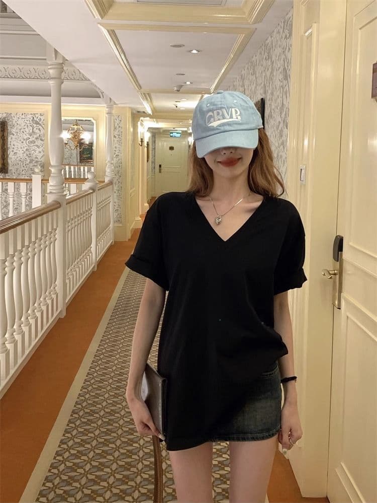 V넥 단색 티셔츠 여성용 짧은 소매 만나는 캐주얼 루즈핏 상세 이미지 25