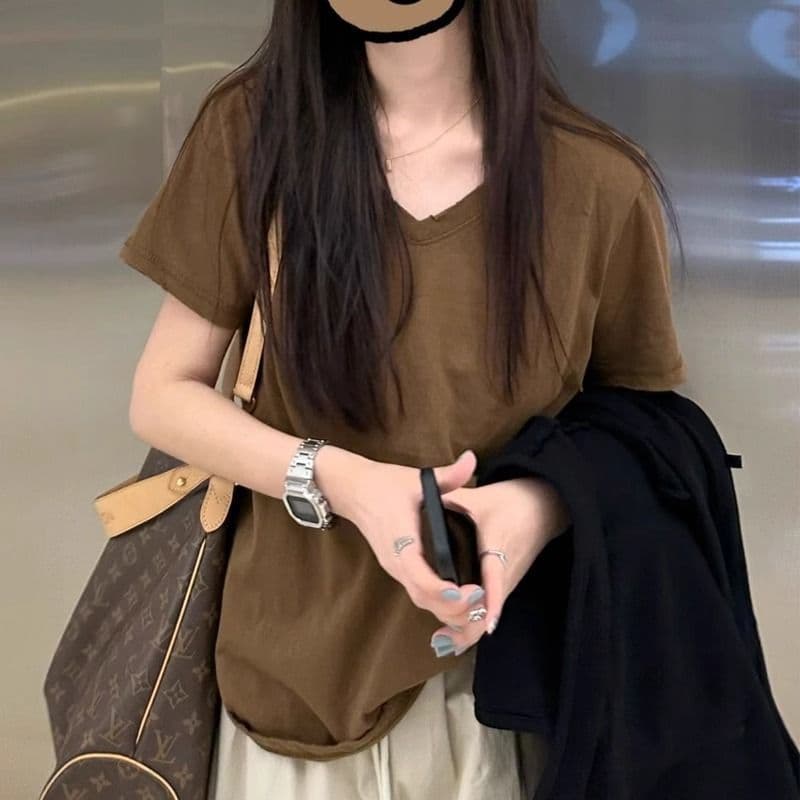 V넥 단색 티셔츠 여성용 짧은 소매 만나는 캐주얼 루즈핏 상세 이미지 27