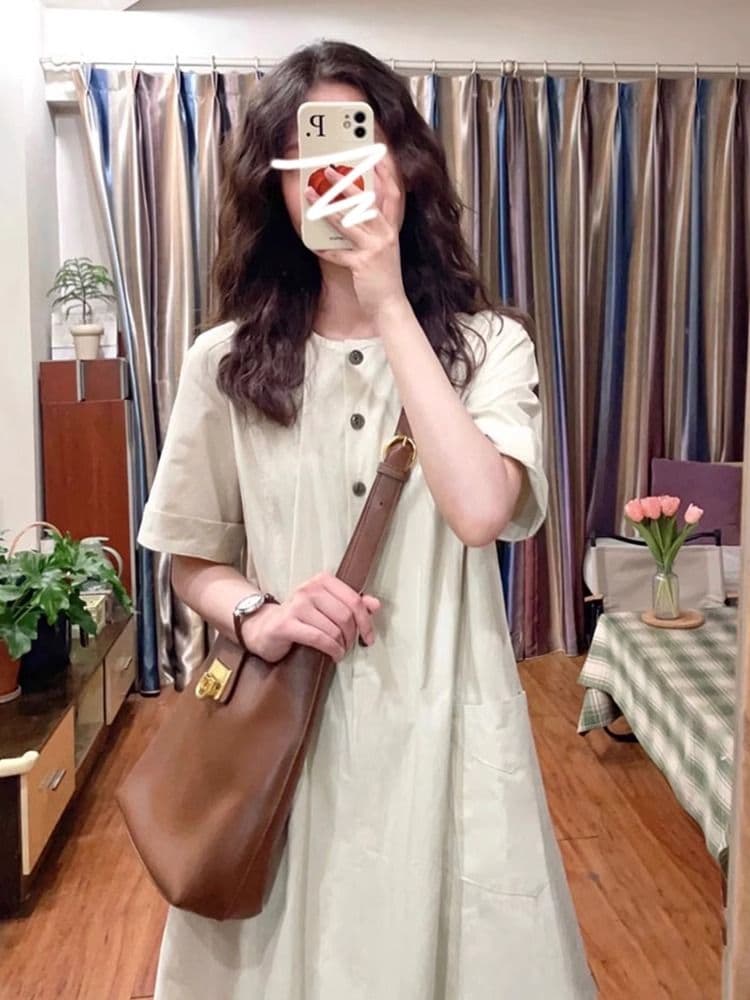 여성 여름 새로운 문예 레트로 일본식 롱 스커트 루즈핏 캐주얼 슬림해 보이는 반팔 드레스 작은 키 느긋한 바람