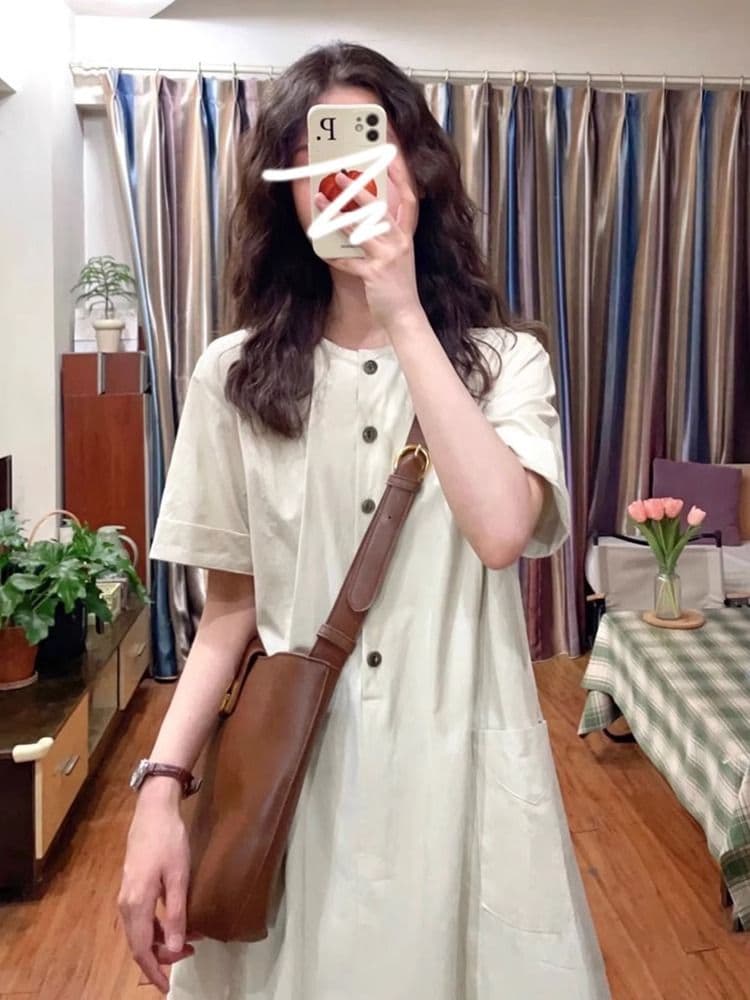 여성 여름 새로운 문예 레트로 일본식 롱 스커트 루즈핏 캐주얼 슬림해 보이는 반팔 드레스 작은 키 느긋한 바람 이미지 2