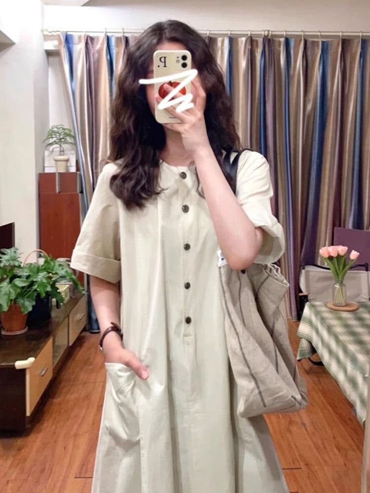 여성 여름 새로운 문예 레트로 일본식 롱 스커트 루즈핏 캐주얼 슬림해 보이는 반팔 드레스 작은 키 느긋한 바람 이미지 4