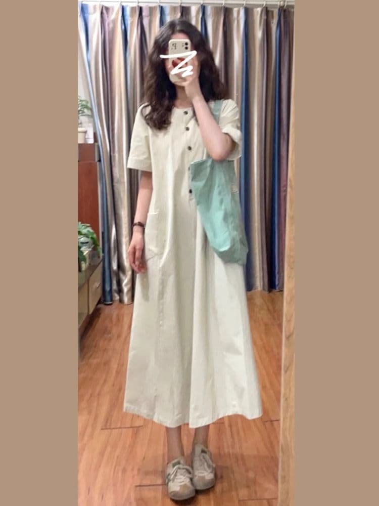 여성 여름 새로운 문예 레트로 일본식 롱 스커트 루즈핏 캐주얼 슬림해 보이는 반팔 드레스 작은 키 느긋한 바람 이미지 3