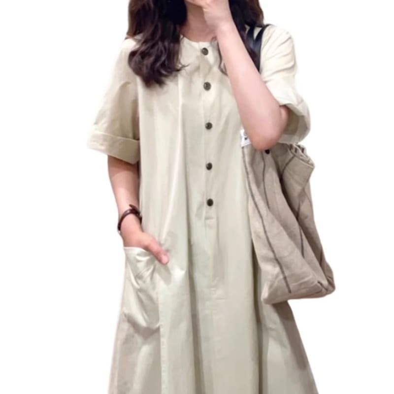 여성 여름 새로운 문예 레트로 일본식 롱 스커트 루즈핏 캐주얼 슬림해 보이는 반팔 드레스 작은 키 느긋한 바람 이미지 5