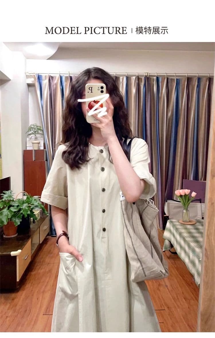 여성 여름 새로운 문예 레트로 일본식 롱 스커트 루즈핏 캐주얼 슬림해 보이는 반팔 드레스 작은 키 느긋한 바람 상세 이미지 3