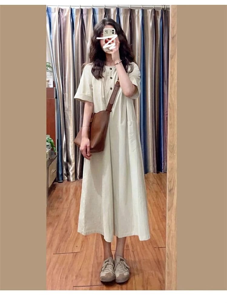 여성 여름 새로운 문예 레트로 일본식 롱 스커트 루즈핏 캐주얼 슬림해 보이는 반팔 드레스 작은 키 느긋한 바람 상세 이미지 5