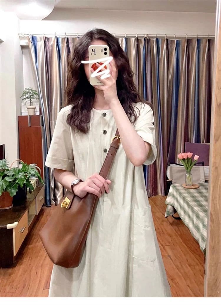 여성 여름 새로운 문예 레트로 일본식 롱 스커트 루즈핏 캐주얼 슬림해 보이는 반팔 드레스 작은 키 느긋한 바람 상세 이미지 6