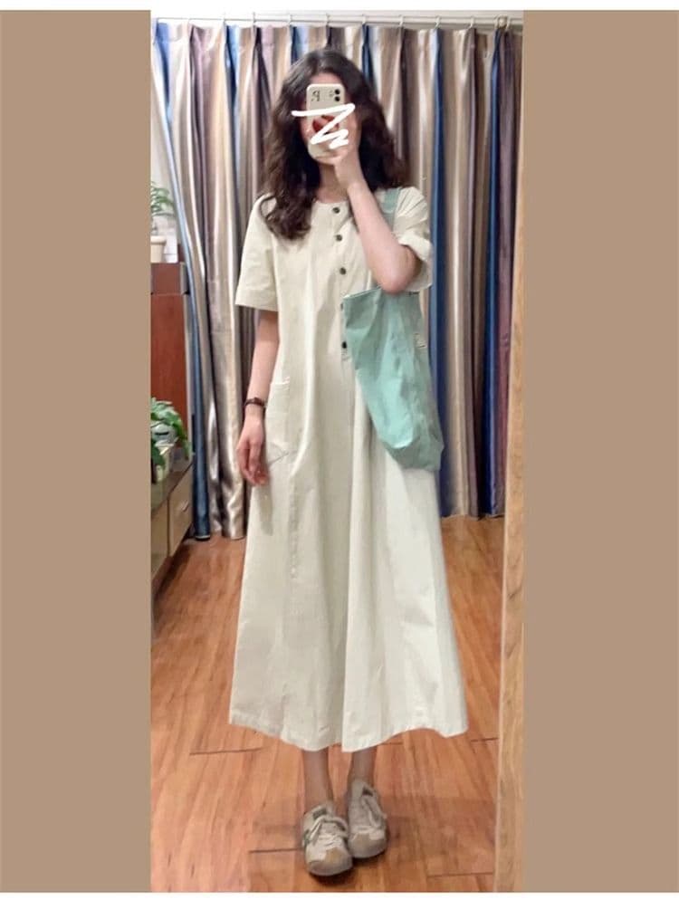 여성 여름 새로운 문예 레트로 일본식 롱 스커트 루즈핏 캐주얼 슬림해 보이는 반팔 드레스 작은 키 느긋한 바람 상세 이미지 7