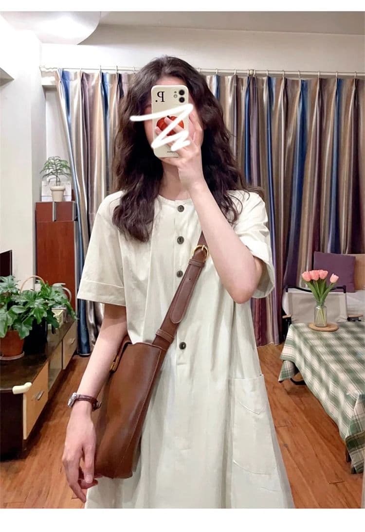 여성 여름 새로운 문예 레트로 일본식 롱 스커트 루즈핏 캐주얼 슬림해 보이는 반팔 드레스 작은 키 느긋한 바람 상세 이미지 8