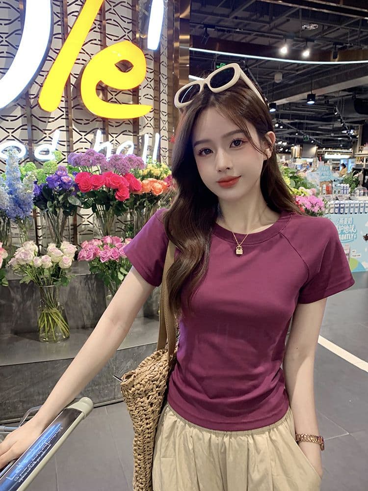 쇼트 스타일 티셔츠 여름 뒤로 홀로우 아웃 몸매 가꾸기 주름 반팔 이미지 4