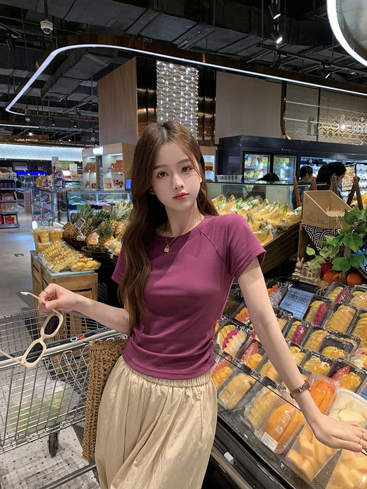 쇼트 스타일 티셔츠 여름 뒤로 홀로우 아웃 몸매 가꾸기 주름 반팔 상세 이미지 11