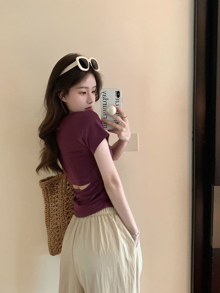 쇼트 스타일 티셔츠 여름 뒤로 홀로우 아웃 몸매 가꾸기 주름 반팔 상세 이미지 14