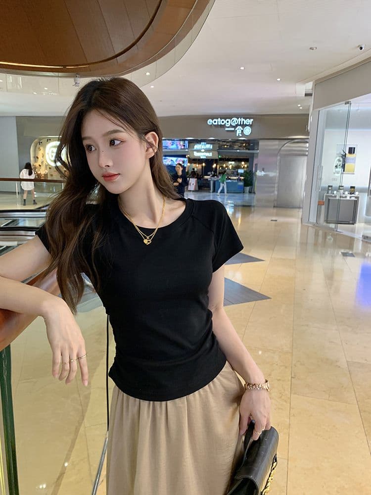 쇼트 스타일 티셔츠 여름 뒤로 홀로우 아웃 몸매 가꾸기 주름 반팔 상세 이미지 16