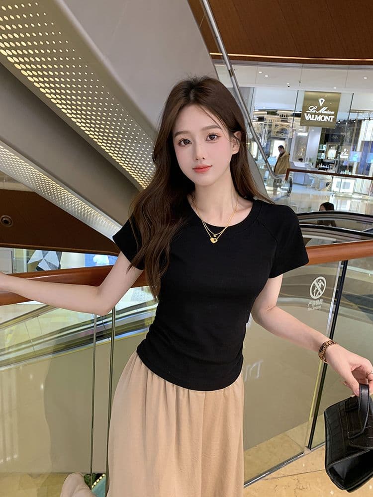 쇼트 스타일 티셔츠 여름 뒤로 홀로우 아웃 몸매 가꾸기 주름 반팔 상세 이미지 19