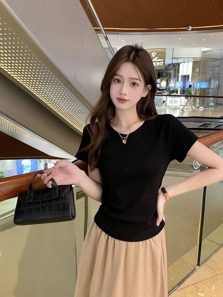 쇼트 스타일 티셔츠 여름 뒤로 홀로우 아웃 몸매 가꾸기 주름 반팔 상세 이미지 20