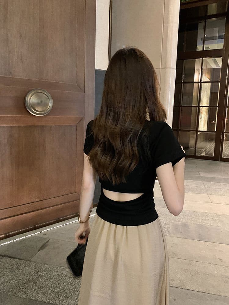 쇼트 스타일 티셔츠 여름 뒤로 홀로우 아웃 몸매 가꾸기 주름 반팔 상세 이미지 24