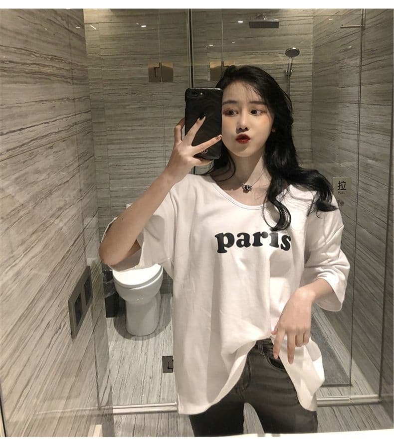 티셔츠 여성용 짧은 소매 루즈핏 한국 스타일 여름 알파벳 프린트 여성 의류 상세 이미지 10