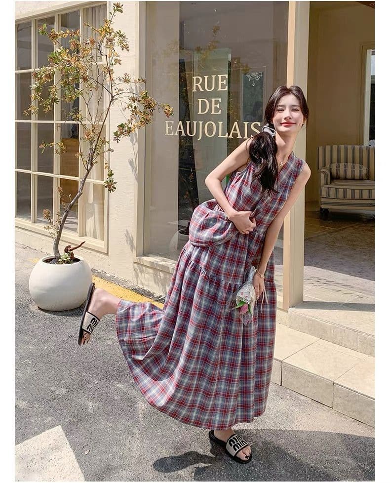 디자인 센스 체크무늬 예술 계열 조끼 원피스 경기 패키지 세트 여성 여름 한 부서 느슨함 센스 문예 레트로 치마 상세 이미지 3