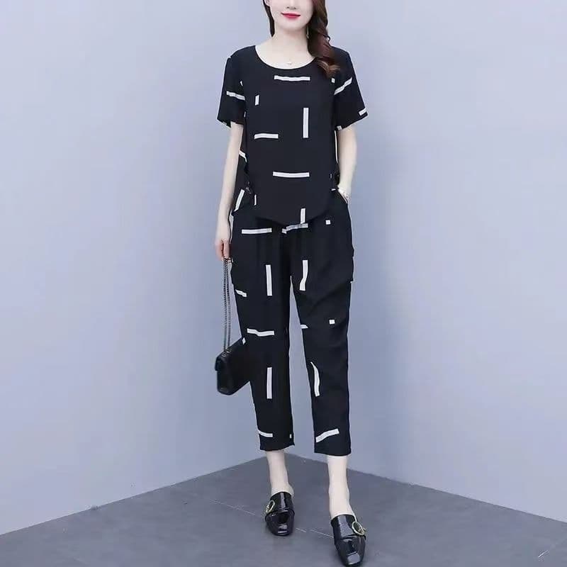 2026 년 세트 여성 레저 패션 중년 엄마 여름 드레스 외국 가스 여름 새로운 빅 사이즈 반팔 투피스 세트 이미지 2
