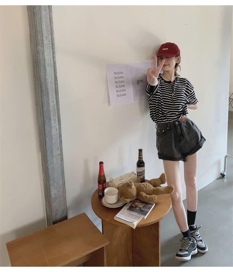 스트라이프 반팔 스트라이프 지퍼 반팔 티셔츠 여성 여름 새로운 개성 거리 라운드 넥 빅 사이즈 루즈핏 다용도 상세 이미지 5