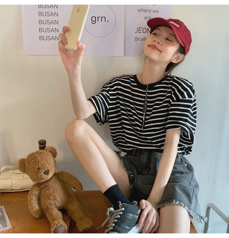 스트라이프 반팔 스트라이프 지퍼 반팔 티셔츠 여성 여름 새로운 개성 거리 라운드 넥 빅 사이즈 루즈핏 다용도 상세 이미지 6
