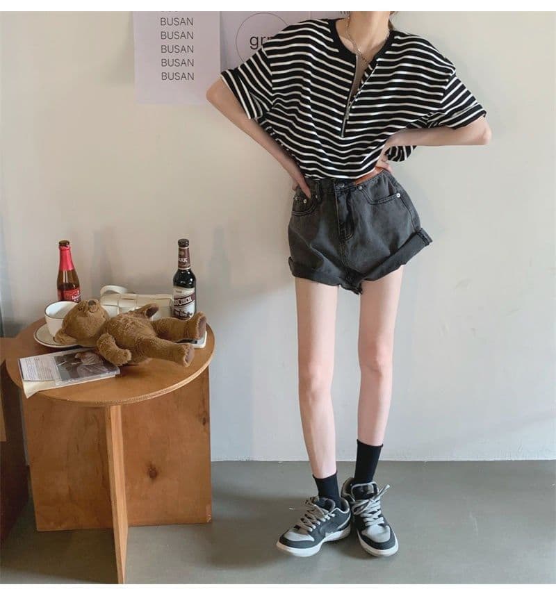 스트라이프 반팔 스트라이프 지퍼 반팔 티셔츠 여성 여름 새로운 개성 거리 라운드 넥 빅 사이즈 루즈핏 다용도 상세 이미지 8