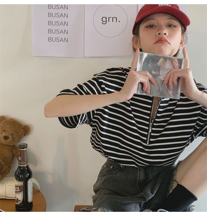 스트라이프 반팔 스트라이프 지퍼 반팔 티셔츠 여성 여름 새로운 개성 거리 라운드 넥 빅 사이즈 루즈핏 다용도 상세 이미지 13