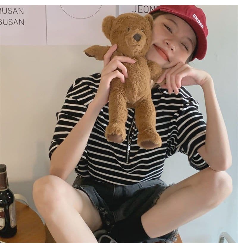 스트라이프 반팔 스트라이프 지퍼 반팔 티셔츠 여성 여름 새로운 개성 거리 라운드 넥 빅 사이즈 루즈핏 다용도 상세 이미지 14
