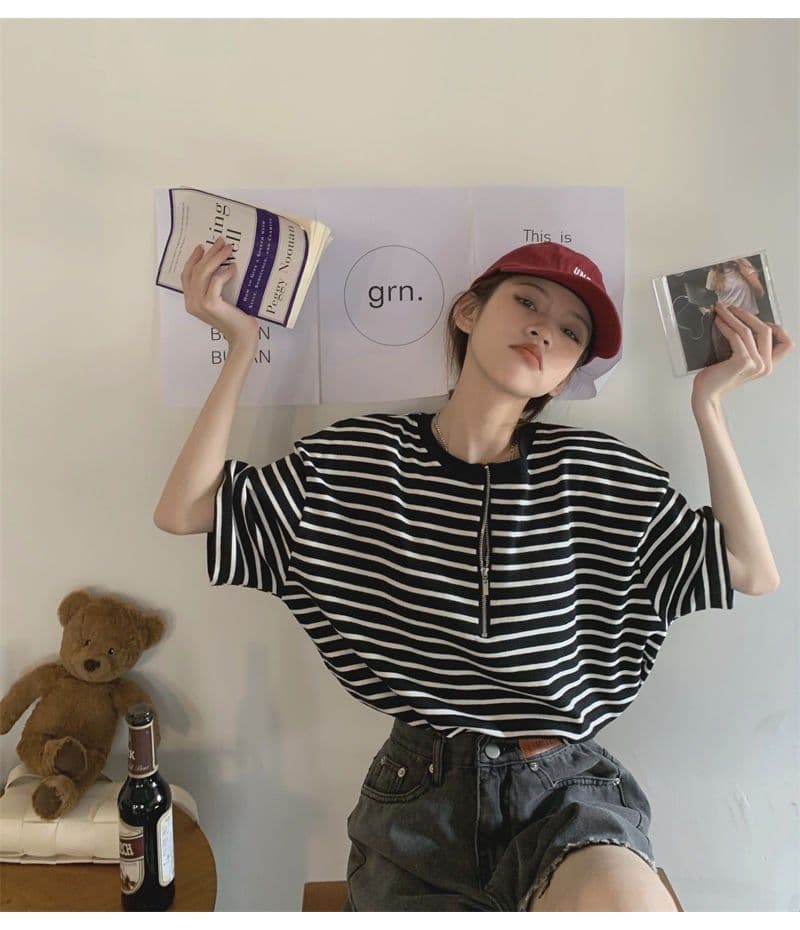 스트라이프 반팔 스트라이프 지퍼 반팔 티셔츠 여성 여름 새로운 개성 거리 라운드 넥 빅 사이즈 루즈핏 다용도 상세 이미지 15