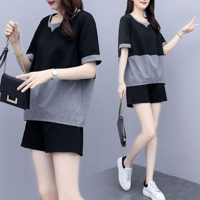 m ~까지 4xl 패션 반팔 빅 사이즈 세트 여성 2023 봄 새로운 루즈핏 슬림해 보이는 반바지 연령 감소 표지 배 캐주얼