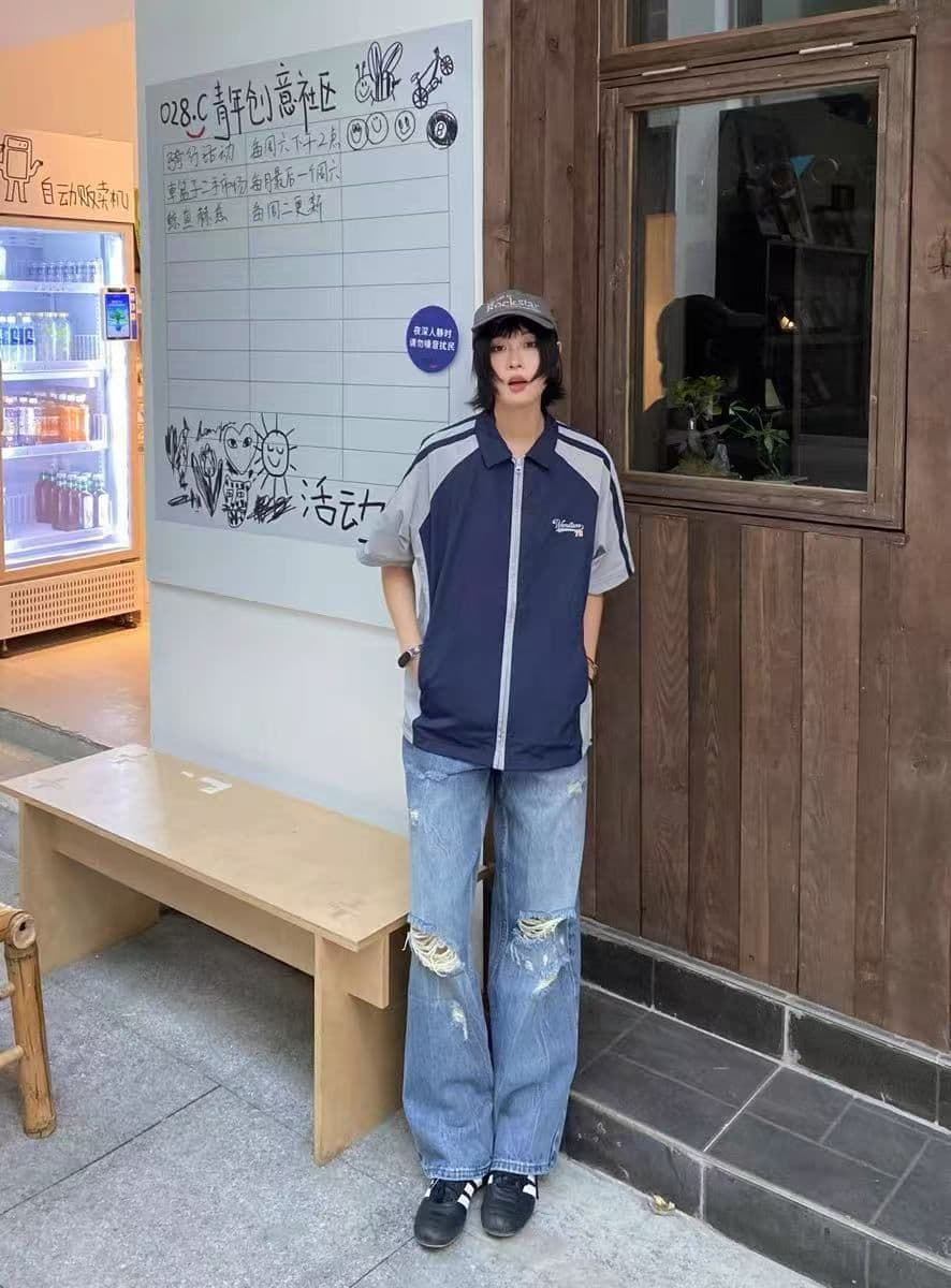 원본 솜씨 원본 원단 배색 셔츠 지퍼 패치워크 반팔 운동 통기성 속도 건조한 셔츠 재킷 남녀 상세 이미지 18
