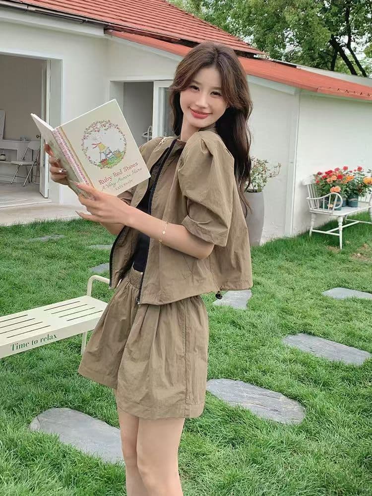 소금 부서 착용 가져 가라. 카키 색 워크웨어 레트로 반바지 세트 두 조각 여성 세트 여름 튀김 거리 작은 키 패션 외국 가스 이미지 4