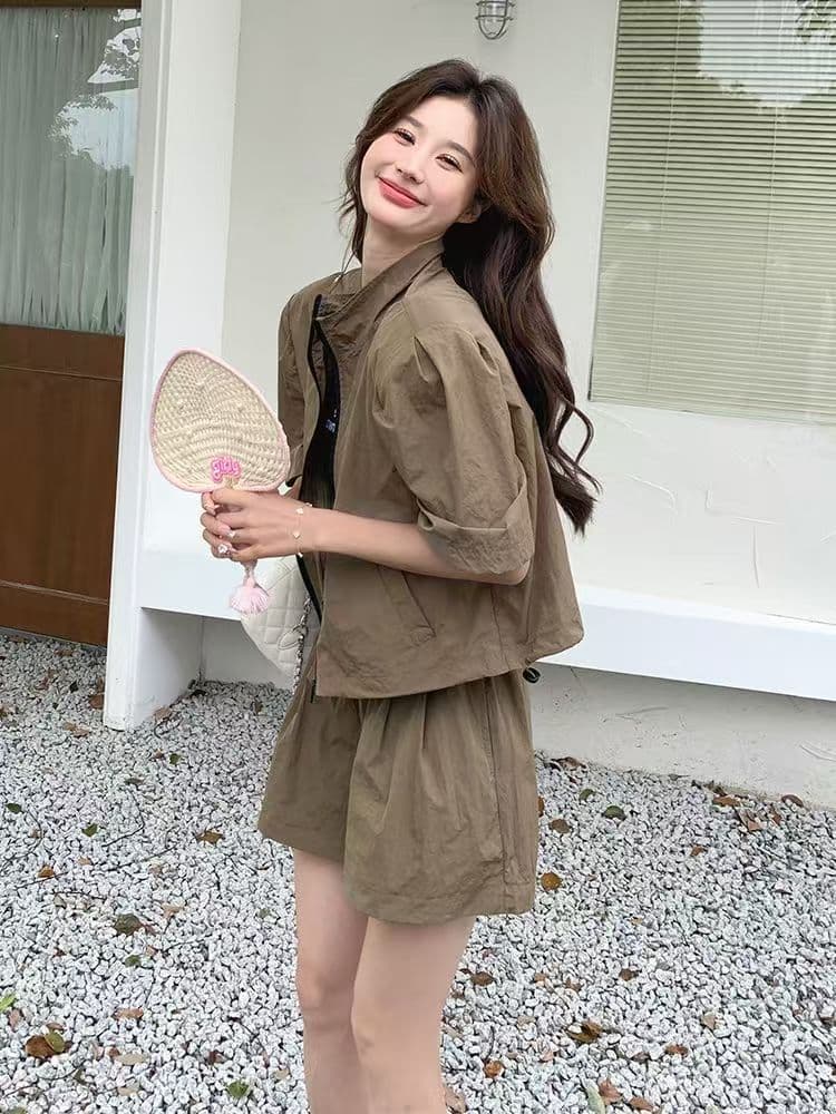소금 부서 착용 가져 가라. 카키 색 워크웨어 레트로 반바지 세트 두 조각 여성 세트 여름 튀김 거리 작은 키 패션 외국 가스 이미지 2