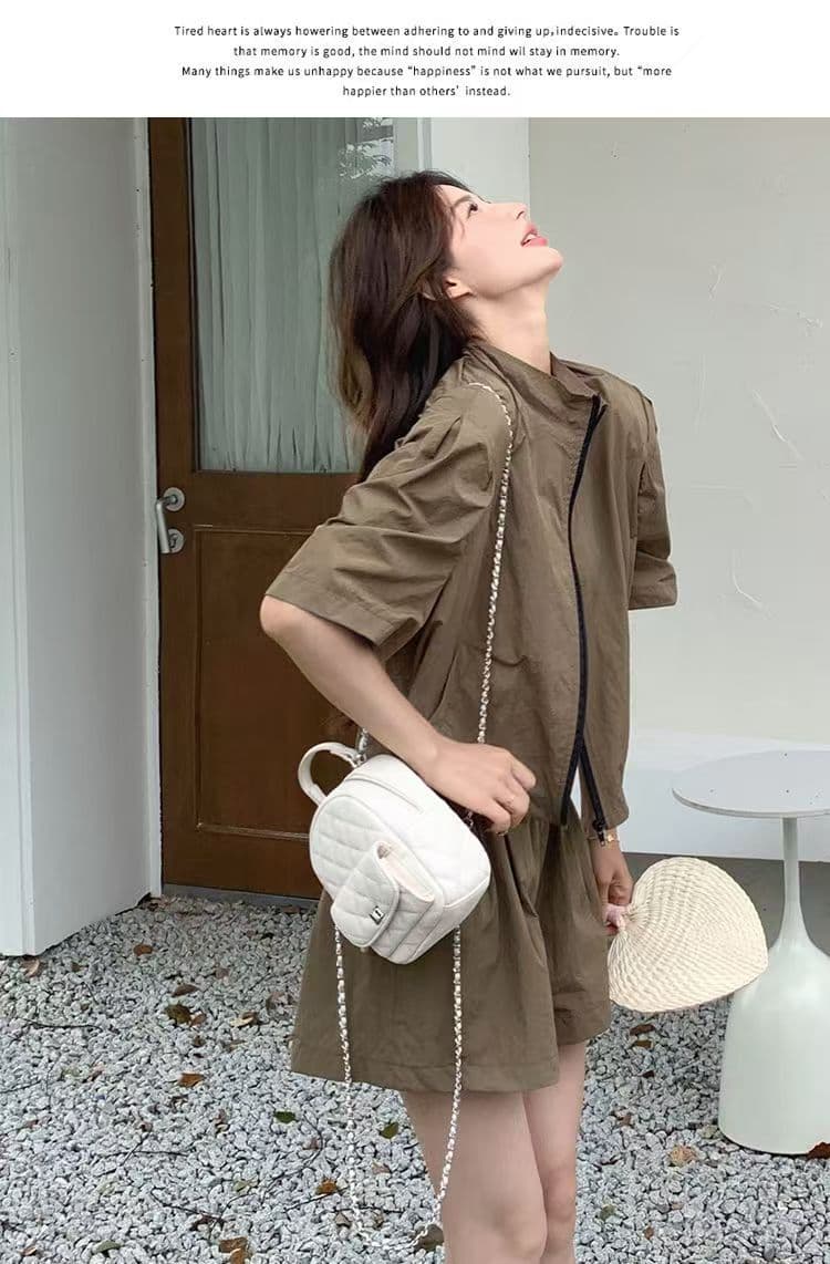 소금 부서 착용 가져 가라. 카키 색 워크웨어 레트로 반바지 세트 두 조각 여성 세트 여름 튀김 거리 작은 키 패션 외국 가스 상세 이미지 1