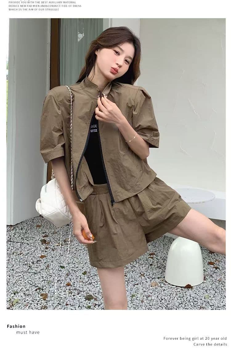 소금 부서 착용 가져 가라. 카키 색 워크웨어 레트로 반바지 세트 두 조각 여성 세트 여름 튀김 거리 작은 키 패션 외국 가스 상세 이미지 5