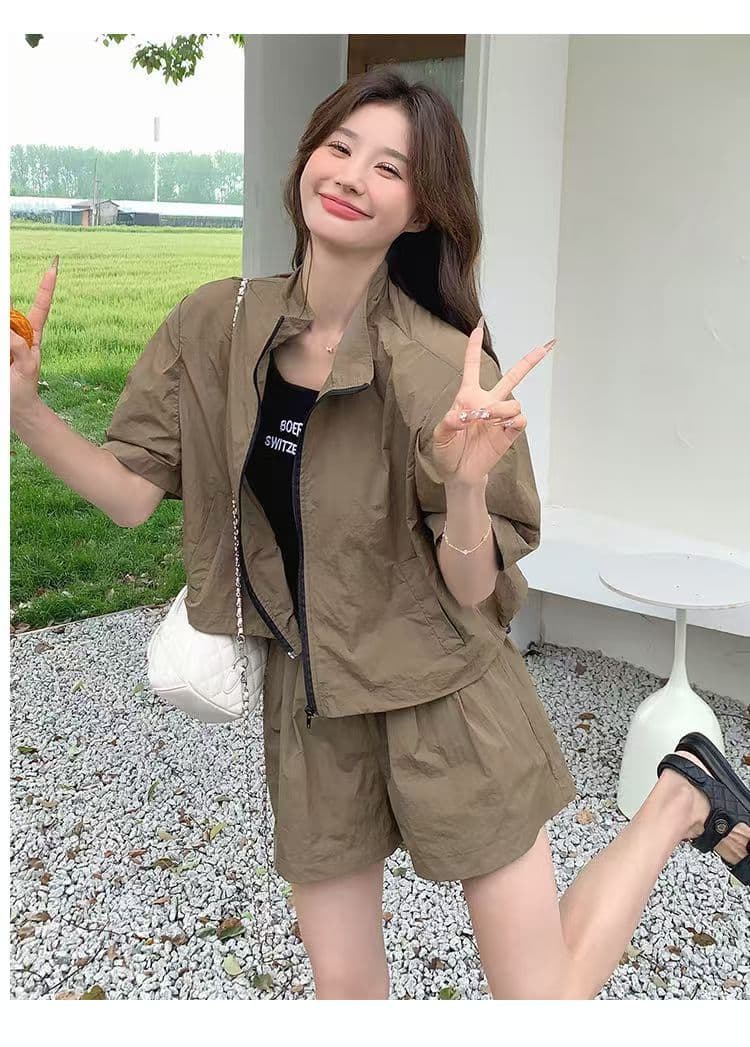 소금 부서 착용 가져 가라. 카키 색 워크웨어 레트로 반바지 세트 두 조각 여성 세트 여름 튀김 거리 작은 키 패션 외국 가스 상세 이미지 6