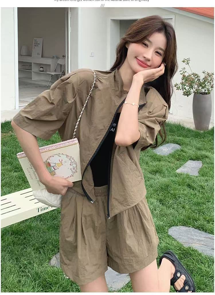 소금 부서 착용 가져 가라. 카키 색 워크웨어 레트로 반바지 세트 두 조각 여성 세트 여름 튀김 거리 작은 키 패션 외국 가스 상세 이미지 8